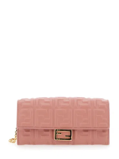 FENDI FENDI WOMEN “CONTINENTAL” PINK MINI BAG WITH ALL-OVER FF PATTERN IN EMBOSSED LEATHER WOMAN