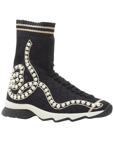 Pre-owned Fendi Women's Cotton Rockoko Pearl Embellished Sock Knit High Top Sneaker  (authentic Pre-loved)