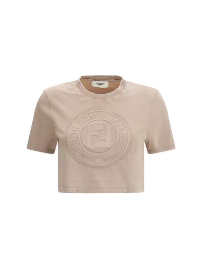 Fendi Beige Washed-out Cropped T-shirt With Logo Women In Brown