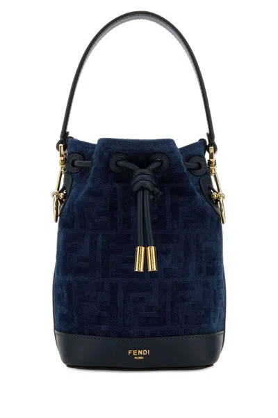 Fendi Mini Mon Tresor Ff Denim Flock Bucket Bag In Blue