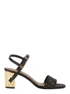 Fendi Women 'delfina' Brown Sandals With All-over Ff Motif And Block Heel In Leather And Fabric Woma In Black