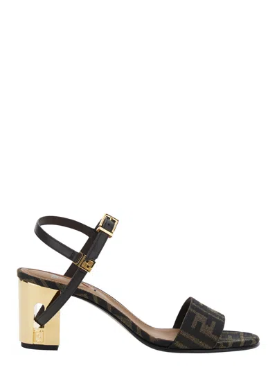 Fendi Women 'delfina' Brown Sandals With All-over Ff Motif And Block Heel In Leather And Fabric Woma In Black