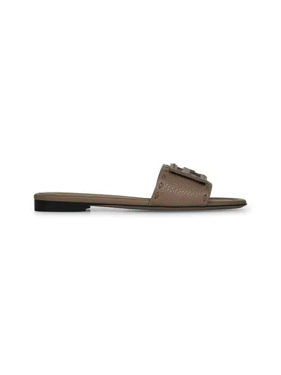 Fendi Women Dove Grey Leather Baguette Slides