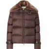 Fendi Women Brown Down Jacket With Shearling Collar And Logo Patch On The Front In Tech Fabric Woman In Brown