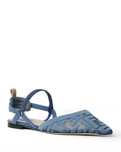 Fendi Colibri Lite Light Blue Mesh Flat Slingbacks With Ff Embroidery
