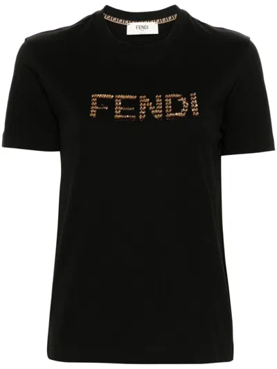 Fendi Women's Embroidered Logo Cotton T-shirt In Black