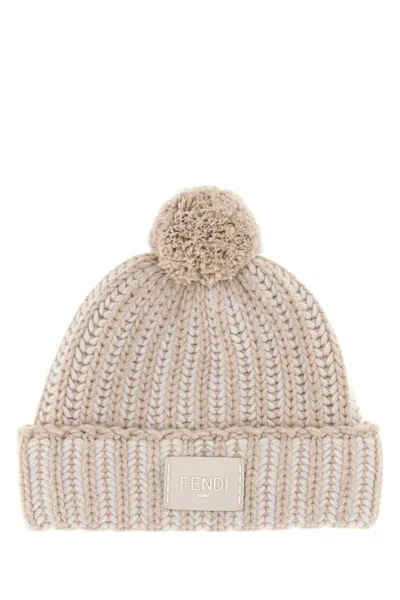Fendi Women Embroidered Wool Blend Beanie Hat In Neutral