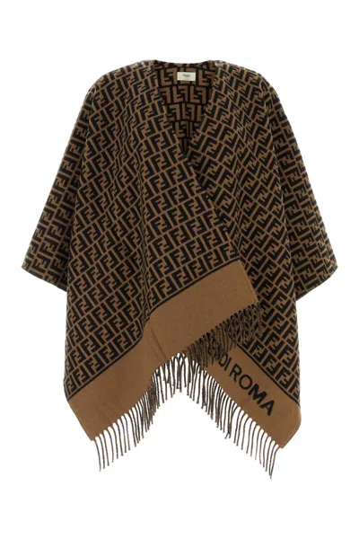 Fendi Women Embroidered Wool Blend Cape In Brown