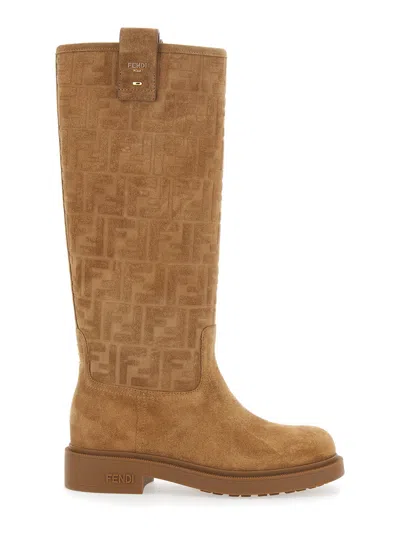 FENDI FENDI WOMEN BEIGE KNEE-HIGH BOOTS WITH ALL-OVER EMBOSSED FF MOTIF IN SUEDE WOMAN