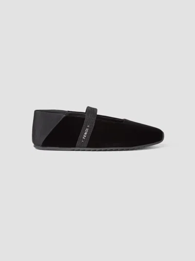 Fendi Tape Square-toe Elastic Strap Flats With Collapsible Grosgrain Heel In Black