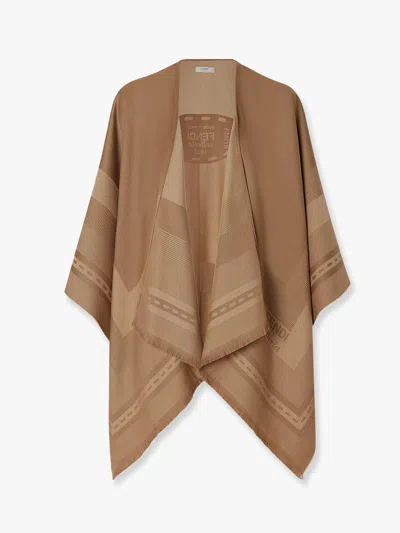 Fendi Wool And Cashmere Poncho With Jacquard Manufacturing In Brown