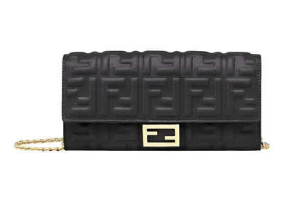 Pre-owned Fendi Women's  By Marc Jacobs Baguette Continental Wallet With Chain Black Nappa Leather Wallet