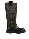 Fendi Women Black Boots With All-over Ff Motif And Side Lettering Logo In Leather And Fabric Woman In Multi