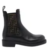 Fendi Filo Leather And Ff Fabric Biker Boots Shoes In Black