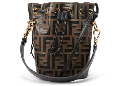 Pre-owned Fendi Women's  Mon Tresor Bucket Bag Zucca Embossed Small In Tobacco Black