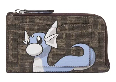Pre-owned Fendi Women's  X Frgmt X Pokemon Ff Fabric Card Holder Card Case In Brown/light Blue In Multi