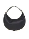 Fendi Women Hobo Graphy Black Leather Handbag With Metal Logo Woman In Black