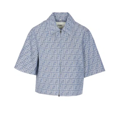 Fendi Women Ff Denim Chambray Cropped Jacket In Blue