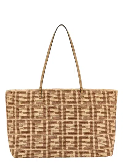FENDI WOMEN'S FF RAFFIA CROCHET ROLL LARGE SHOPPER