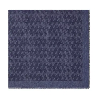 Fendi Blue And Black Ff Cotton And Wool Shawl