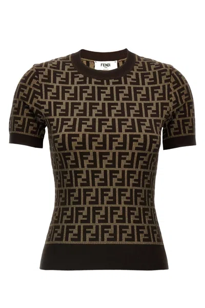 Fendi Logo Pattern Crew Neck Short Sleeve Sweater In Brown