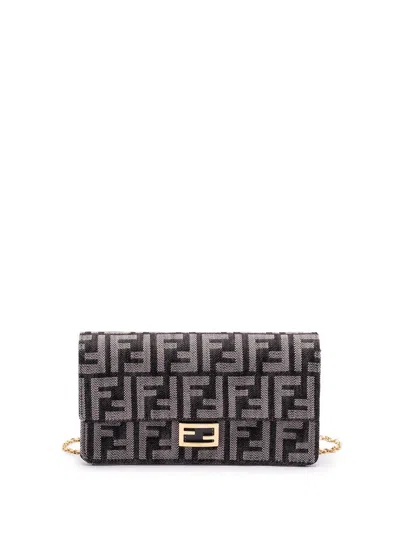 Fendi Denim-effect Ff Jacquard Uette Continental Wallet With Chain Bags In Black