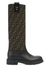 Fendi Women Black Boots With All-over Ff Motif And Side Lettering Logo In Leather And Fabric Woman In Multi