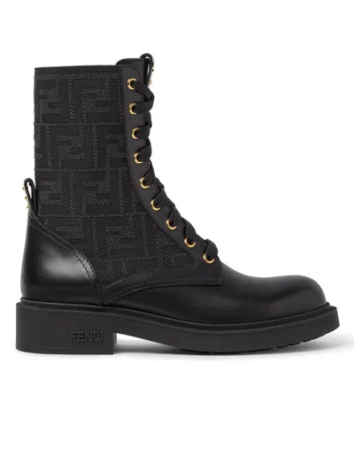 Fendi Ff Motif Leather And Stretch Fabric Boots With 35 Cm Heel In Black