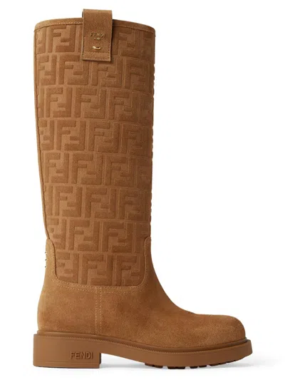 Fendi Women's Filo Monogram Suede Knee Boots In Brown