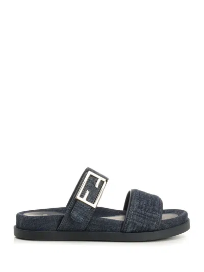 Fendi Women Flat Denim Slides In Blue