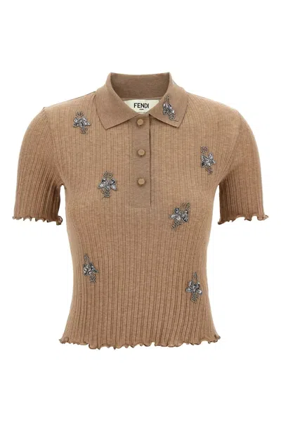 Fendi Women Floral Embroidery Polo Shirt In Brown