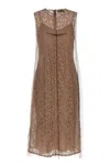 Fendi Women Beige Sleeveless Crewneck Dress With Floral Embroidery In Lace Woman In Brown