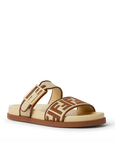 Fendi Feel Beige Raffia-effect Material Slides In Multi
