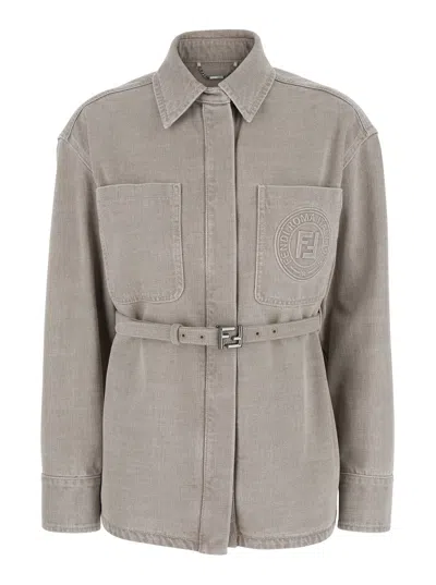 Fendi Women 'go To' Blue Jacket With Belt With Ff Buckle And Logo Patch On The Front In Denim Woman In Gray