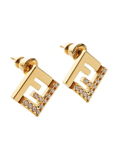 Fendi Women Gold Colored Earings With Ff Silhouette And Crystal Embellishments In Brass Woman In Brown