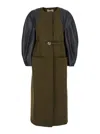 Fendi Women Green Crewneck Coat With Puffed Leather Sleeves And Belt With Ff Plaque In Wool And Visc In Green