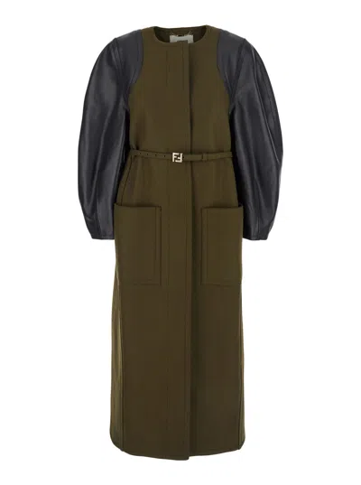 Fendi Women Green Crewneck Coat With Puffed Leather Sleeves And Belt With Ff Plaque In Wool And Visc