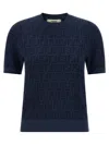 Fendi Wool Jacquard Pattern Sweater With Ribbed Edges In Blue