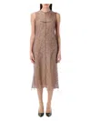 Fendi Women Beige Sleeveless Crewneck Dress With Floral Embroidery In Lace Woman In Brown