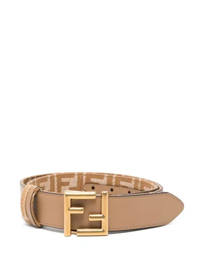 Fendi Women Leather And Denim-effect Ff Jacquard Reversible Belt In Beige