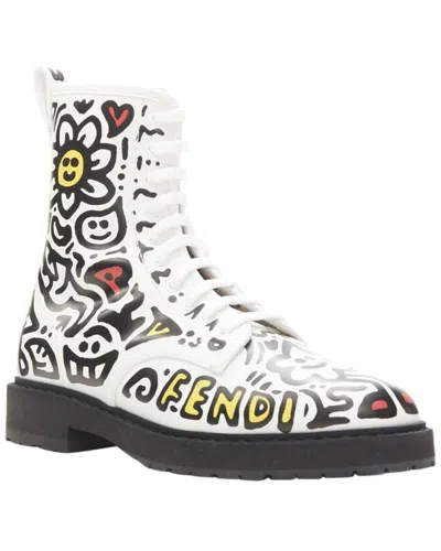 Fendi Women's Leather Mr Doodle Logo Graffiti Print Laced Combat Ankle Boot  (authentic Pre-loved) In Multi