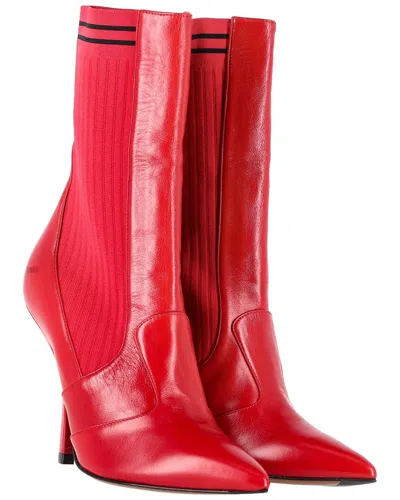 Pre-owned Fendi Women's Leather Rockoko Stretch-knit Sock Boot (authentic Pre-loved)