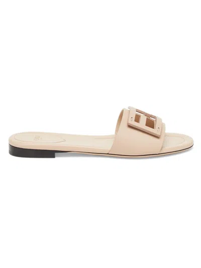 Fendi Black Leather Slide Sandals With Ff Logo Plaque For Women In Tan
