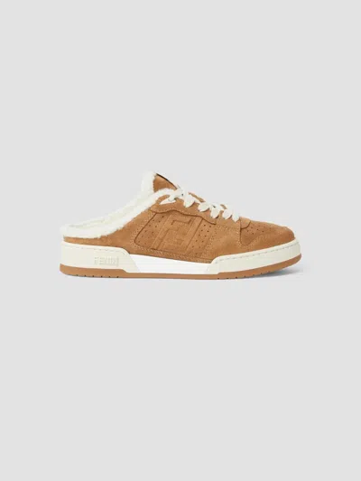 Fendi Women's Match 20mm Faux Shearling-lined Leather Sneaker Mules In Brown