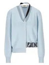 Fendi Melange Pastel Light-blue Stretch Wool Blend Cardigan In Blue