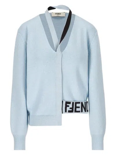 FENDI WOMEN'S MELANGE PASTEL LIGHT-BLUE STRETCH WOOL BLEND CARDIGAN