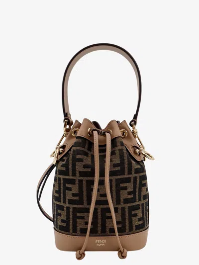 Fendi Women Mini Mon Tresor Ff Jacquard Fabric And Leather Bucket Bag In Brown
