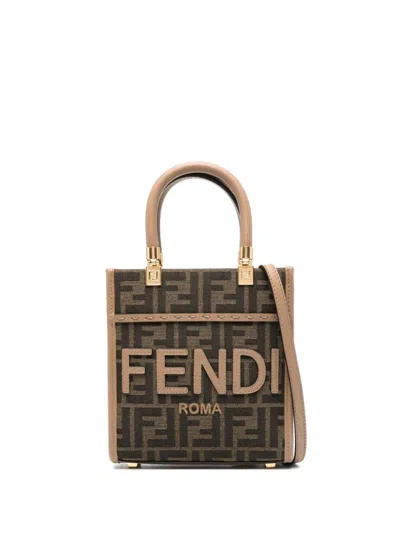 Fendi Women Mini Sunshine Fabric Shopper Bag In Brown