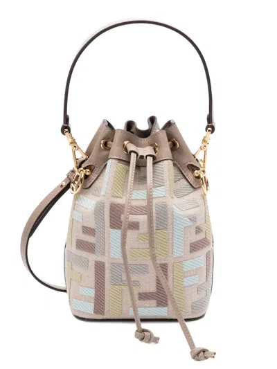 Fendi Women Mon Tresor Canvas Bucket Bag With Multicolour Ff Embroidery In Multicolor