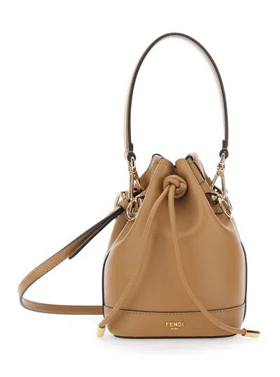 Fendi Women 'mon Tresor Mini' Beige Handbag With Removable Shoulder Strap And Logo Lettering In Leat In Brown
